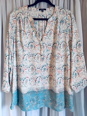 NYDJ Cream Blouse with Teal & Coral Geometric Print V-Neck Flowy Size XL